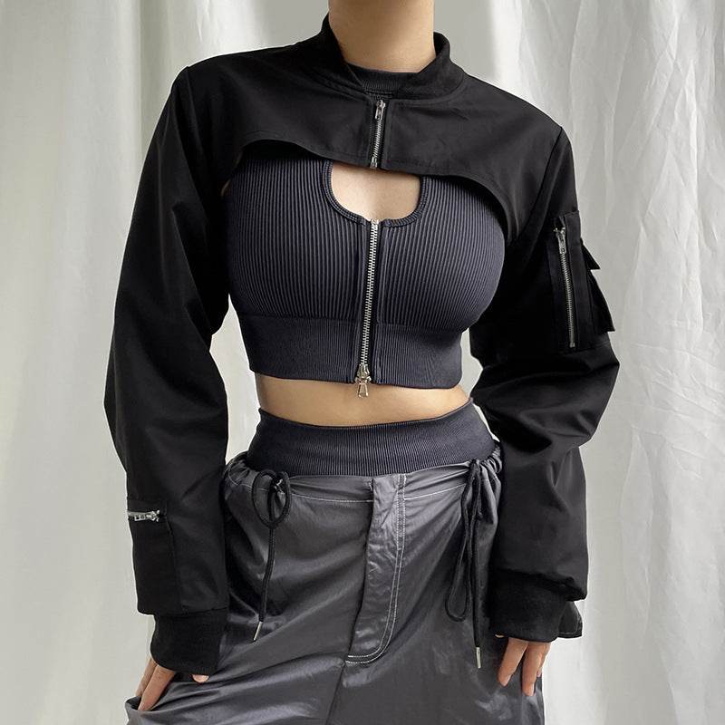 Workwear Style Zipper Short Blouse - Mubimart