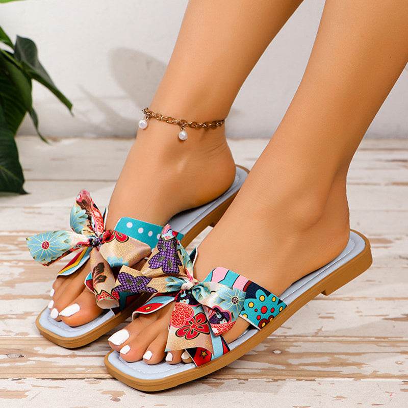 Ribbon Bow Sandals Summer New Square Toe Low Heel Sandal For Women Slides Fashion Casual Beach Shoes - Mubimart