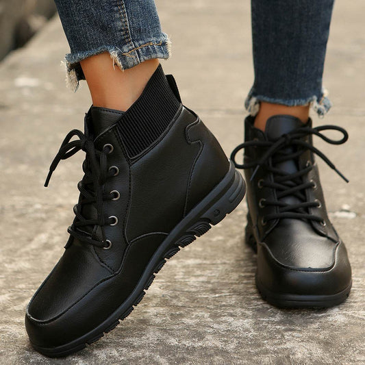 Round Toe Lace-up Ankle Boots Fall Winter Fashion Versatile Non-slip Flat Shoes Retro Western Cowboy Ankle Boot For Women - Mubimart