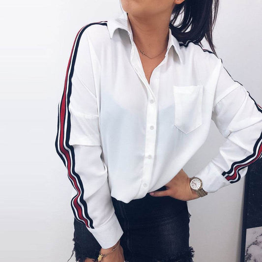 Blouse Women Casual White Stripe Long Sleeve Botton Shirt - Mubimart