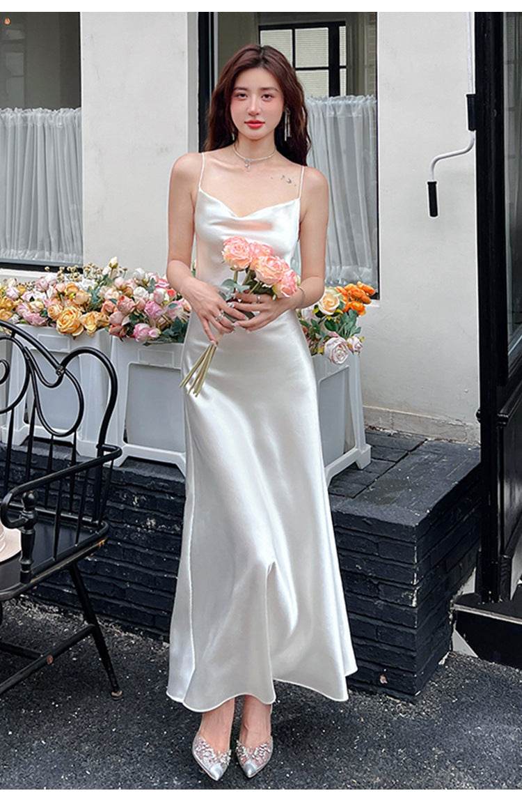 Acetate Strap Fairy Satin Sleeveless Dress Formal Dress - Mubimart