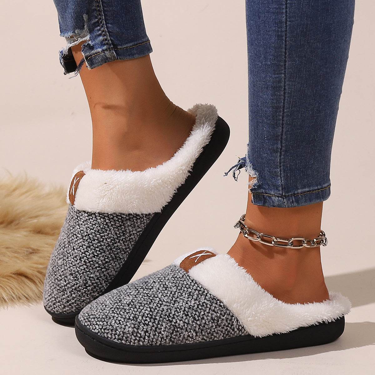 Winter Plush Slippers Fashion Thick Bottom Warm House Shoes For Women Men Indoor Bedroom Floor Slipper - Mubimart