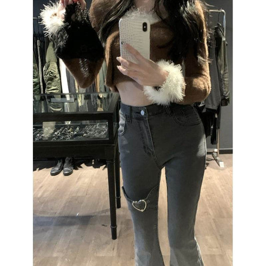 Women's Love Design Sensation Niche Slit Jeans Micro Flare - Mubimart