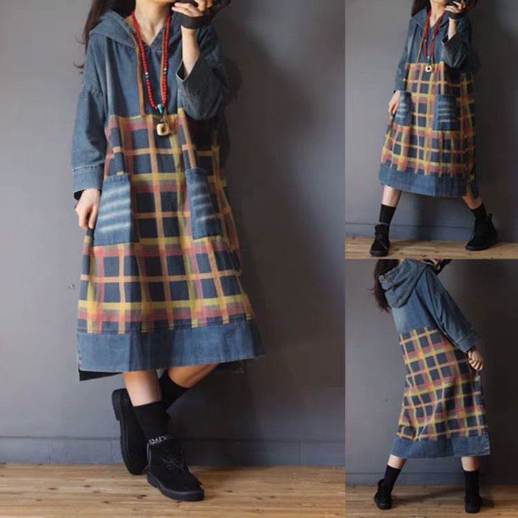 Spring And Autumn New Retro Hooded Plaid Blocks Mid-length Denim Dress For Women Versatile Casual Loose Plus Size - Mubimart