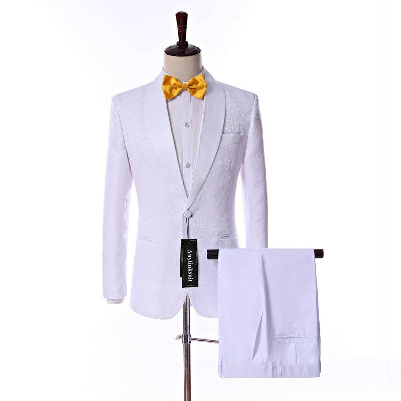 Custom Size Jacquard Groomsmen White Groom Tuxedos Shawl - Mubimart