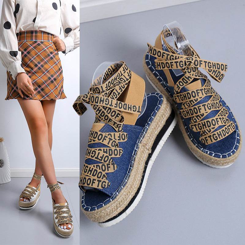 Women's Woven Thick Espadrille Lace-up Casual Shoes - Mubimart