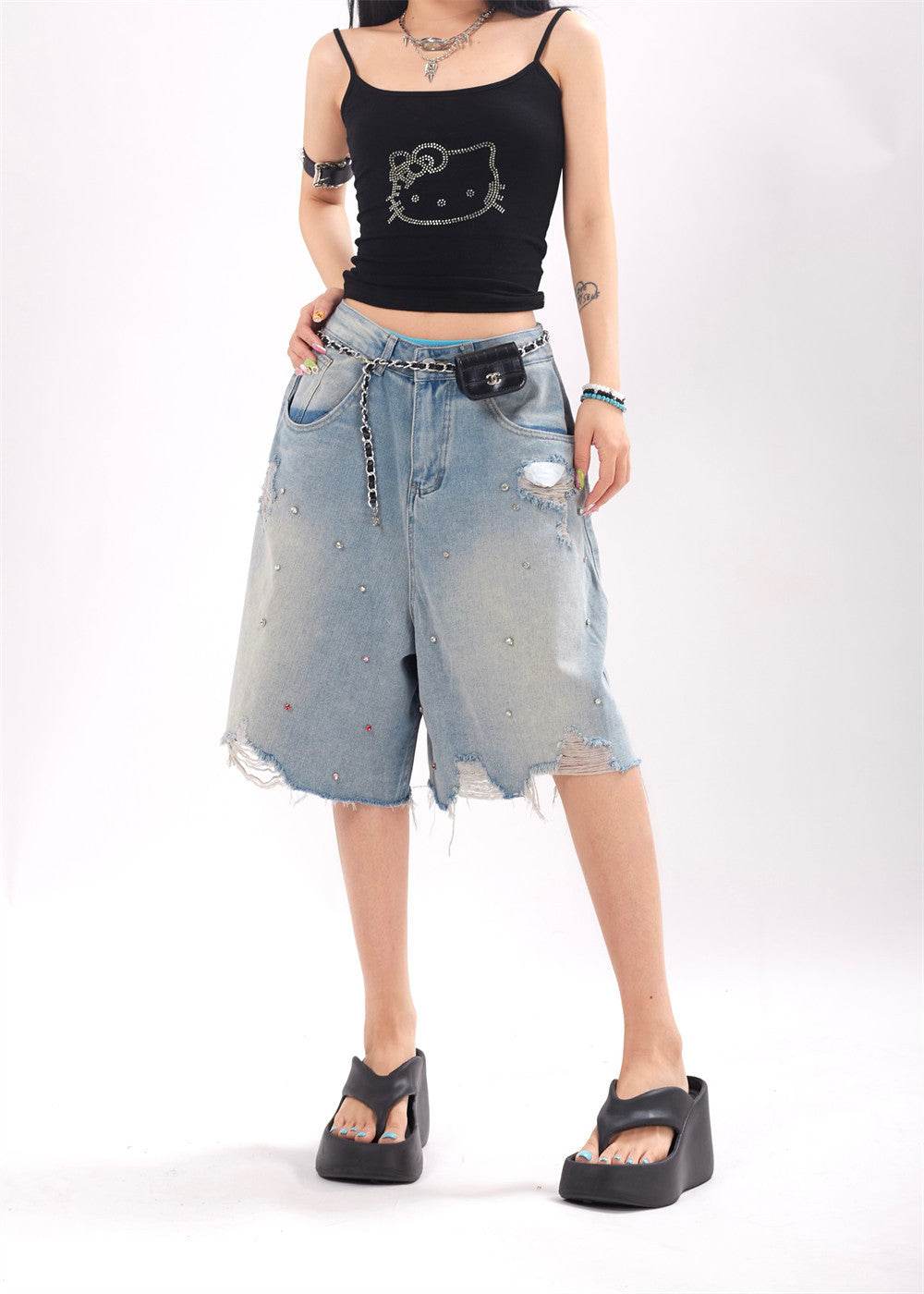 Ripped Denim Shorts For Men And Women - Mubimart