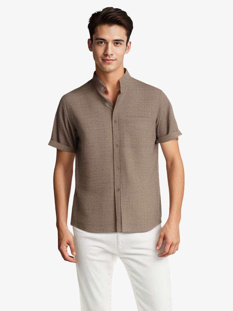 Solid-color Short-sleeved Lapel Shirt Summer Breathable Cotton And Linen Top Mens Clothing - Mubimart