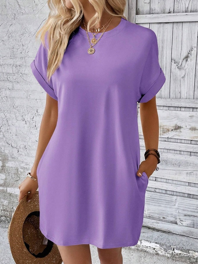 Loose Short Sleeve Dress With Pockets Summer Casual Solid Color Round Neck Straight Dresses Womens Clothing - Mubimart -  