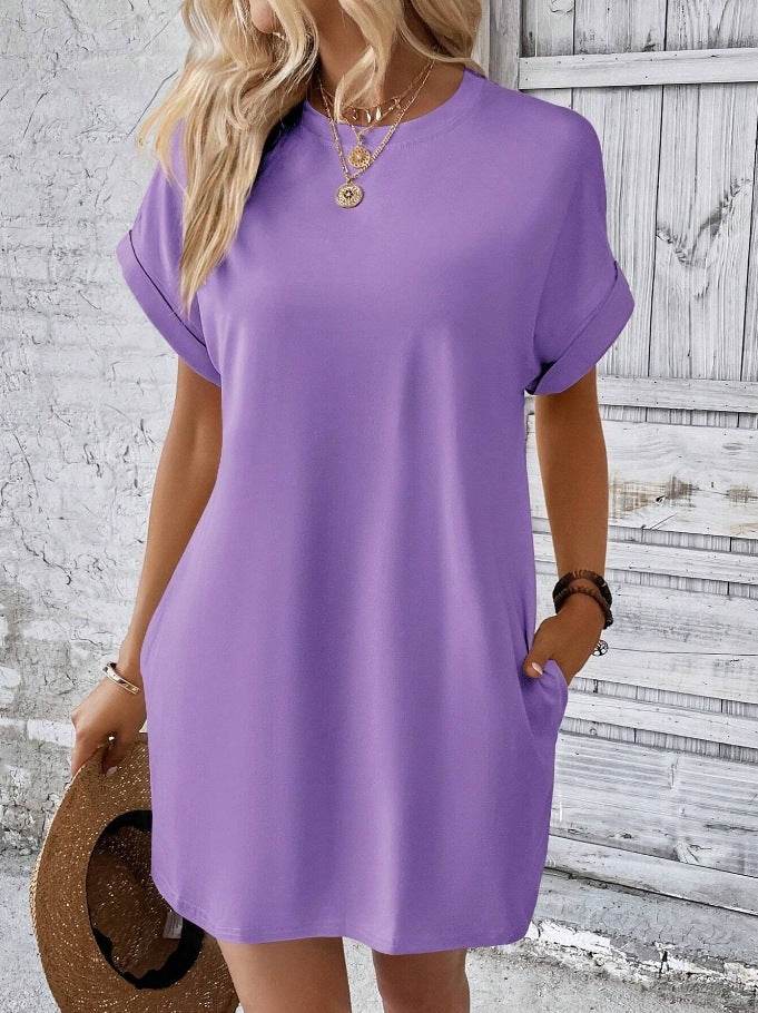 Loose Short Sleeve Dress With Pockets Summer Casual Solid Color Round Neck Straight Dresses Womens Clothing - Mubimart
