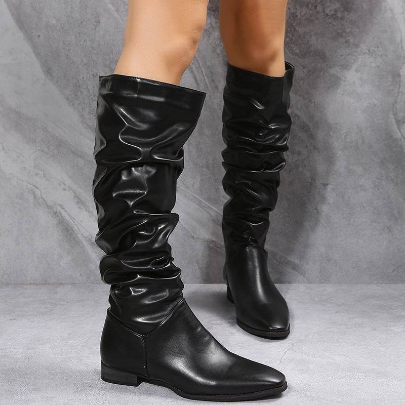 Long Boots White Cowboy Boots Women Pointed Toe Shoes - Mubimart