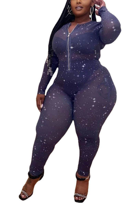 Hot Sale Sheer Temptation Printed Mesh Plus Size Jumpsuit - Mubimart
