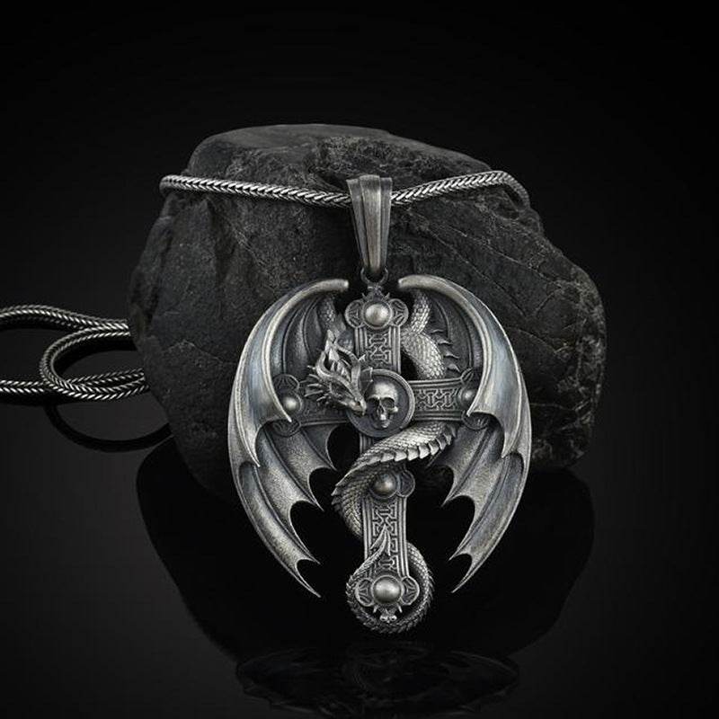Skeleton Wing Pendant Mens Retro Necklace - Mubimart