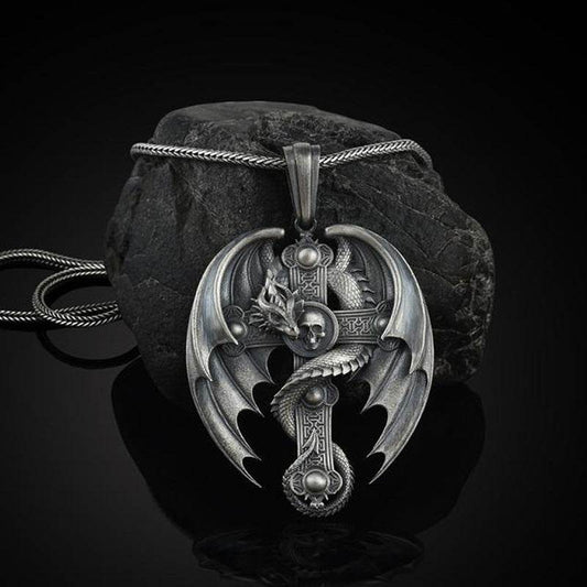 Skeleton Wing Pendant Mens Retro Necklace - Mubimart