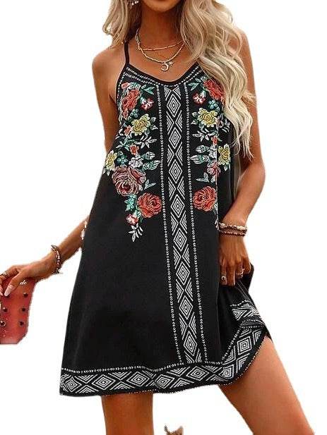 Holiday Ethnic Printing Slip Dress - Mubimart