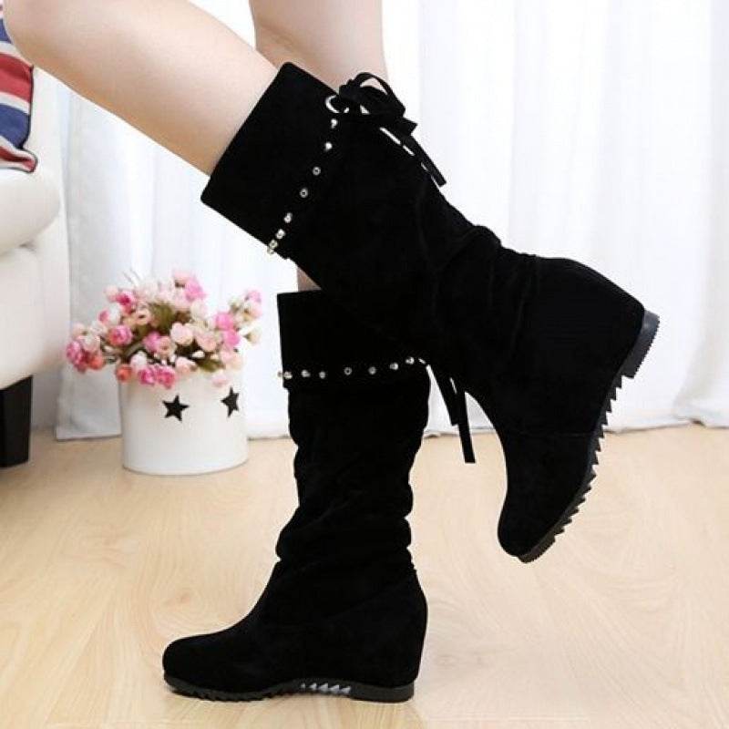Women's Nubuck Wedge Long Suede Inner Booster Flat Tall Boots - Mubimart