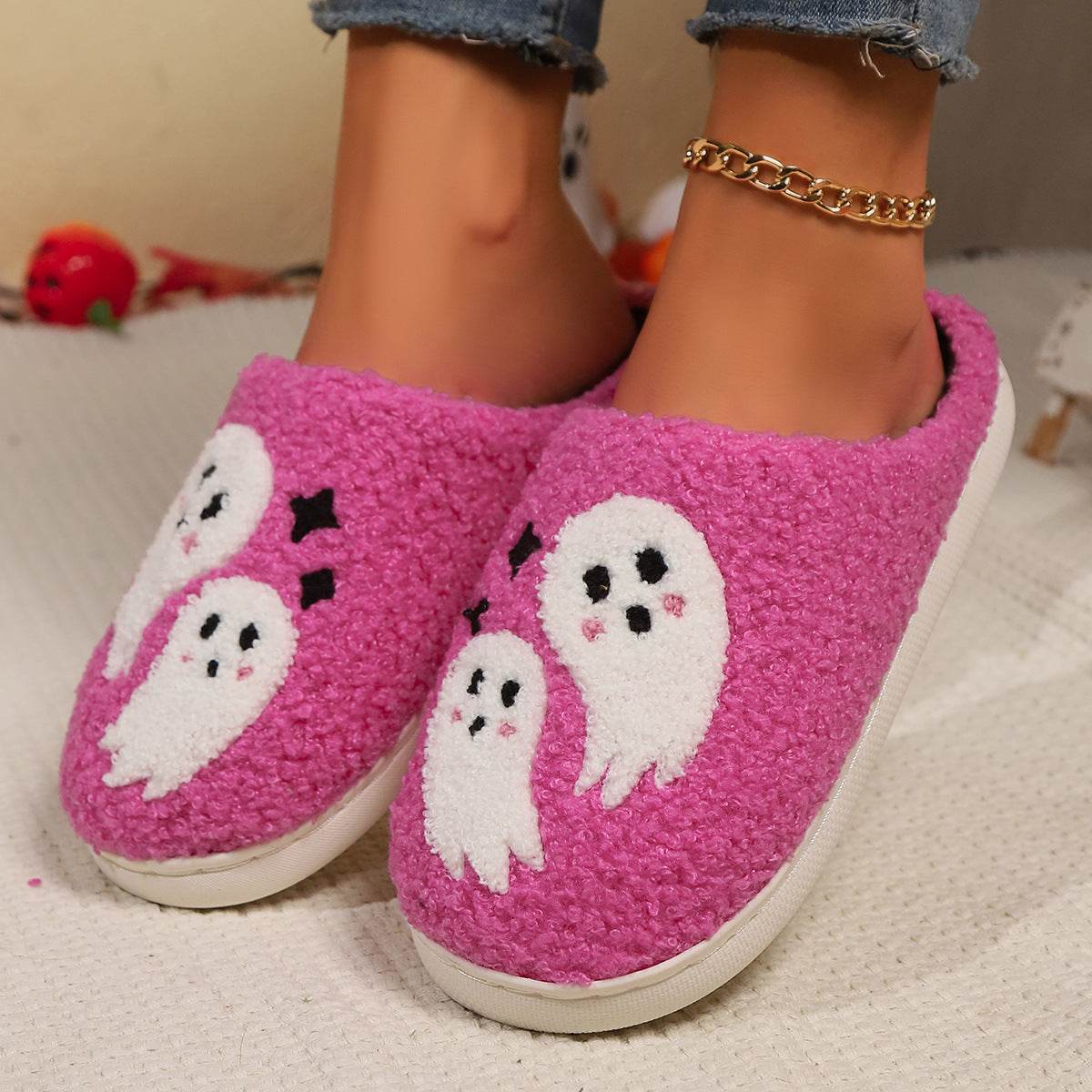 Halloween Cartoon Ghost Cotton Slippers For Women Indoor Non-slip Bedroom Floor Slipper Winter House Shoes - Mubimart