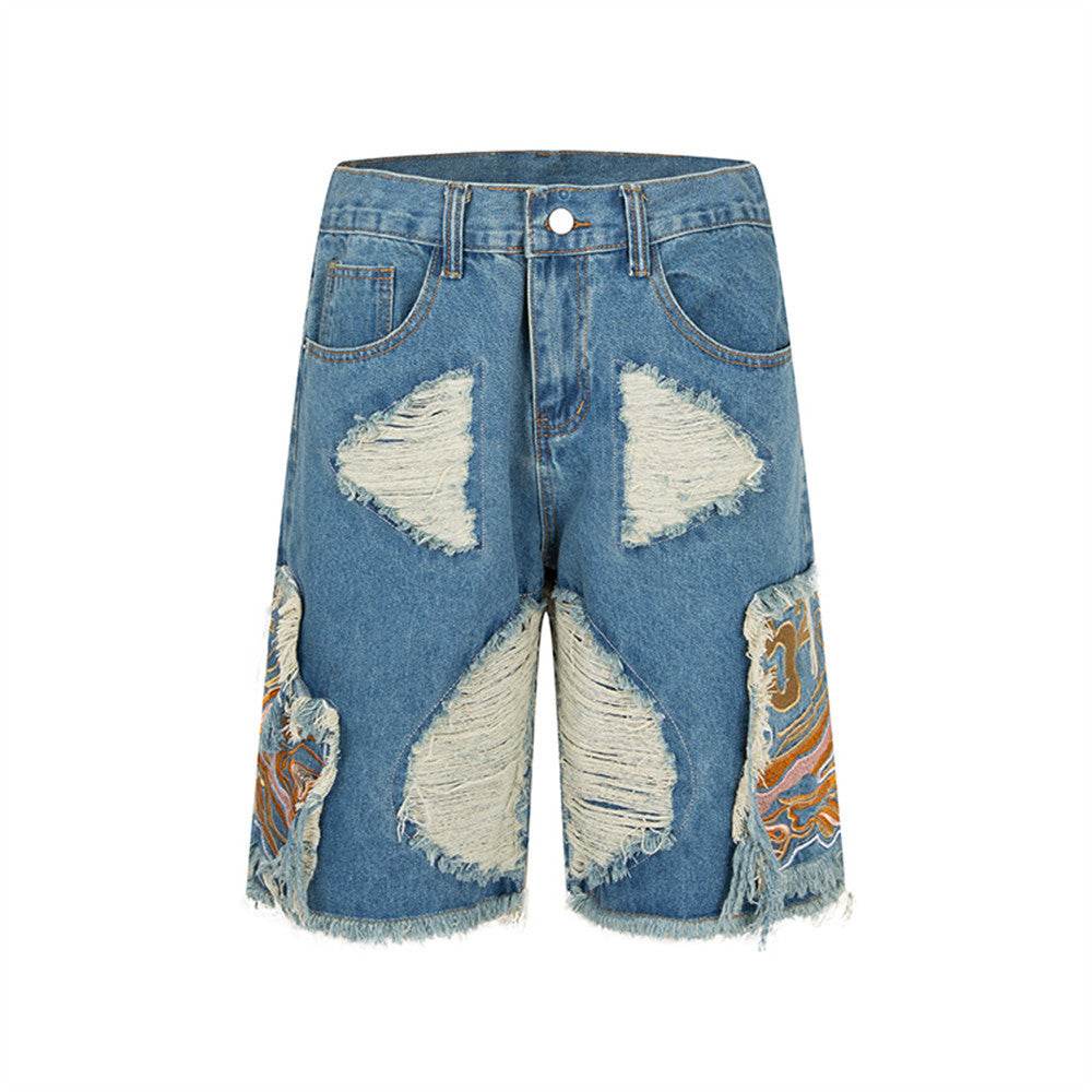 Mens Heavy-duty Ripped Embroidered Denim Shorts - Mubimart
