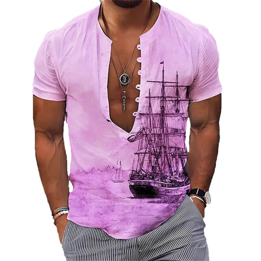 Men's Fashion 3D Vintage Print Sailboat Stand Collar Long Sleeve Button-down Shirt - Mubimart