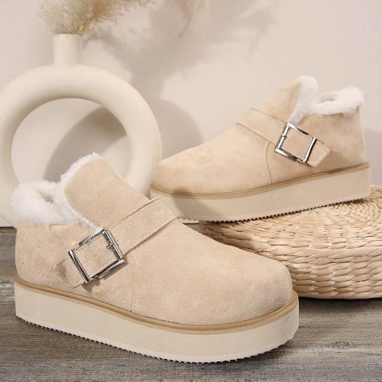 Winter Buckle Snow Boots Fashion Flat Thick-soled Cotton Shoes Round Toe Plus Velvet Warm Ankle Boot For Women - Mubimart