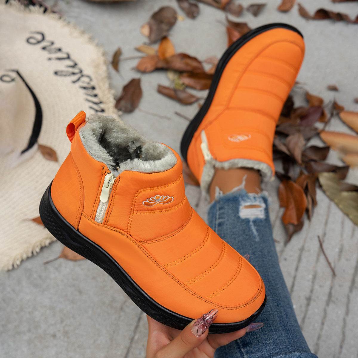 Winter Snow Boots WIth Side Zipper Casual Warm Plush Flat Shoes Women's Fleece Ankle Boot - Mubimart