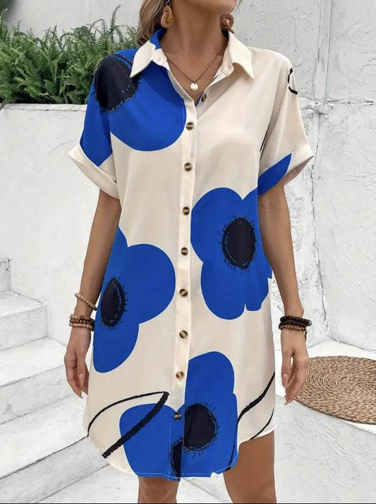 Plus Size Women's Printed Pleated Loose Shirt Dress - Mubimart