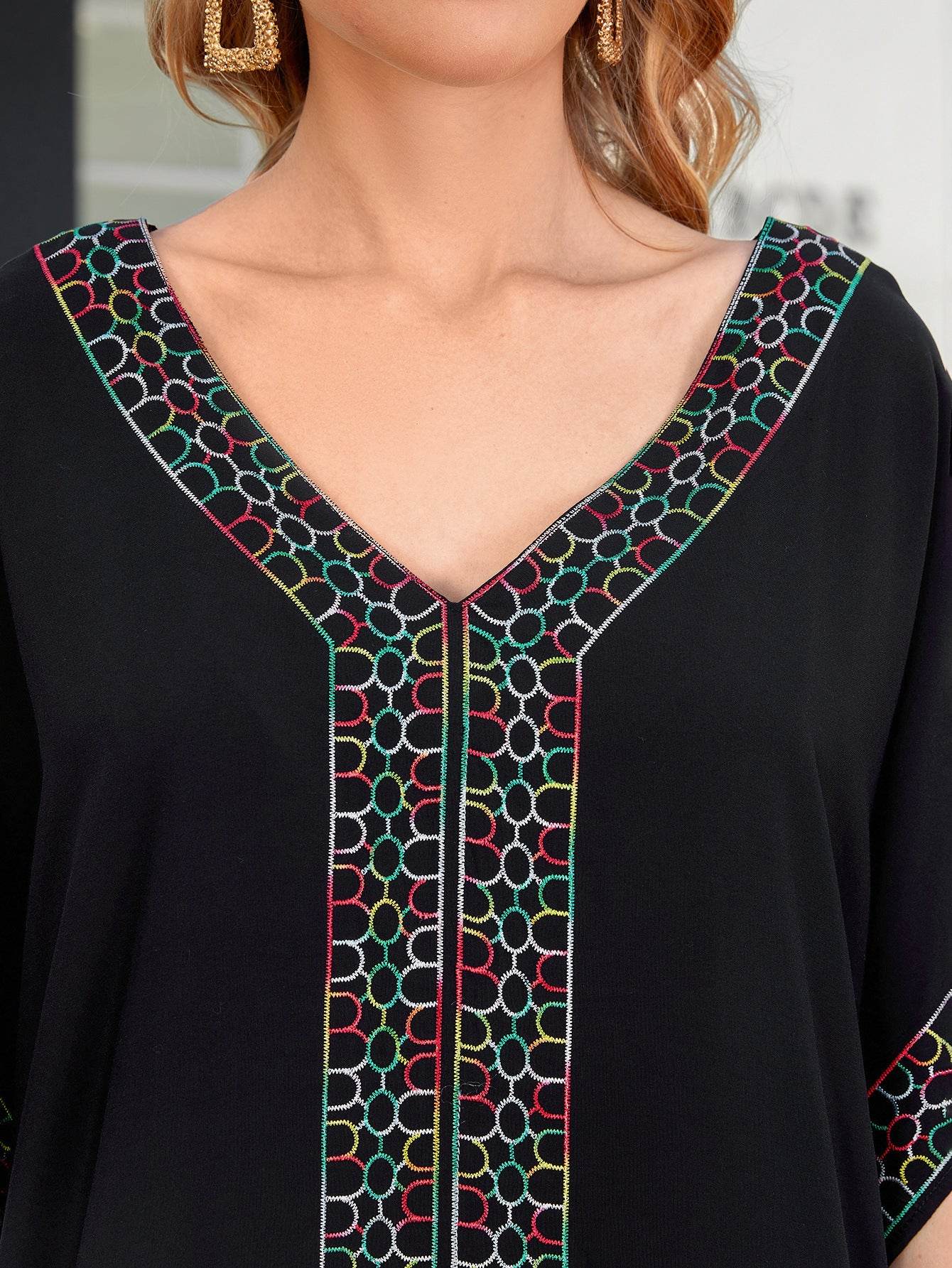 Rayon Embroidered Holiday Loose Plus Size Robe Dress - Mubimart