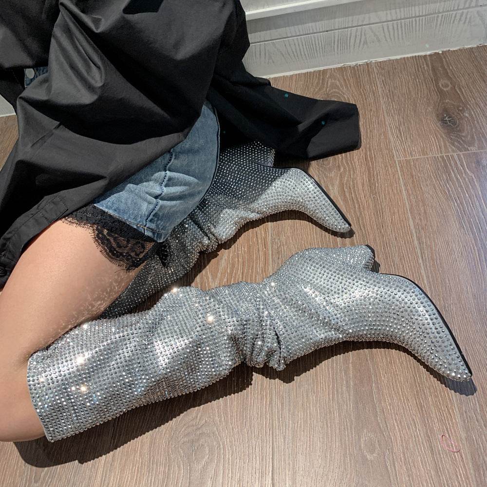 Tapered Heel Silver Rhinestone Tall Fashion Women's Boots - Mubimart