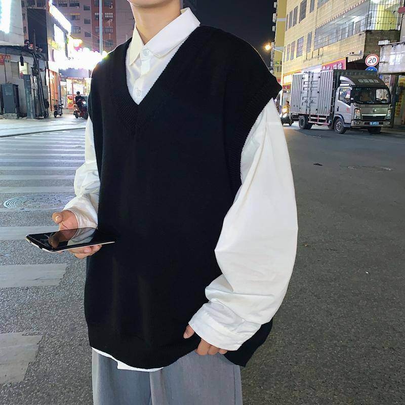 Men's V-neck Sweater Plus Size Vest Knitted Autumn And Winter College Style Waistcoat Vest Coat - Mubimart