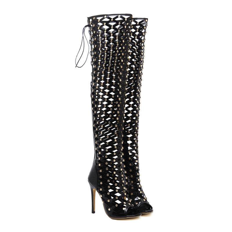 Women's Fashion Hollowed-out High Heel Sandal Boots - Mubimart