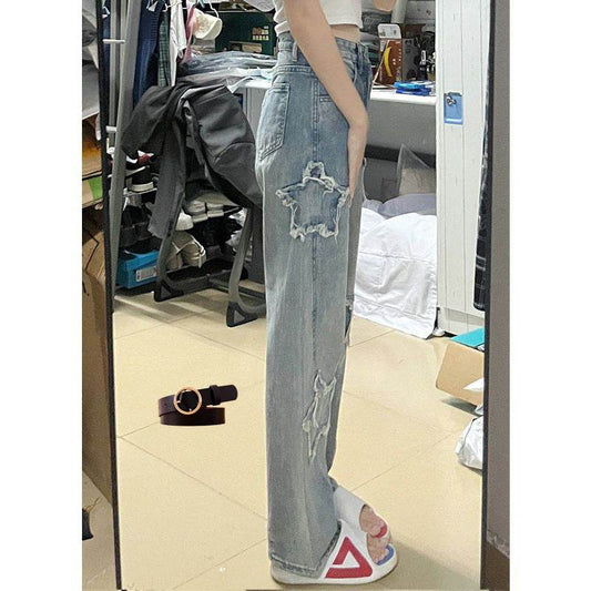 Blue XINGX Embroidered Jeans Women Loose Straight-leg Wide-leg Pants - Mubimart