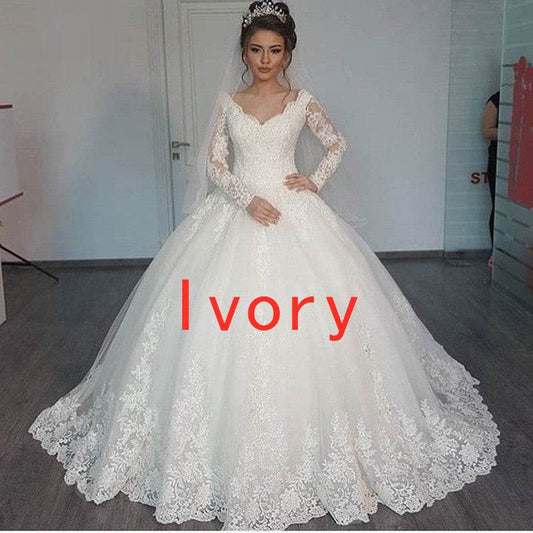 Women's Long Sleeve Lace Wedding Dresses Bridal - Mubimart