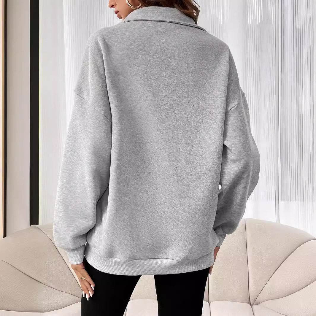 Polo Collar Solid Color Casual Women's Hoodie - Mubimart