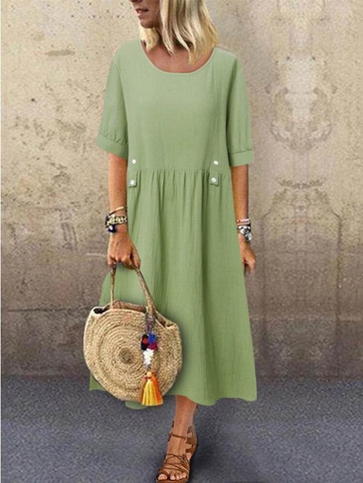 Plus Size Casual Round Neck Shirt With Half Sleeve Button Dress Women - Mubimart