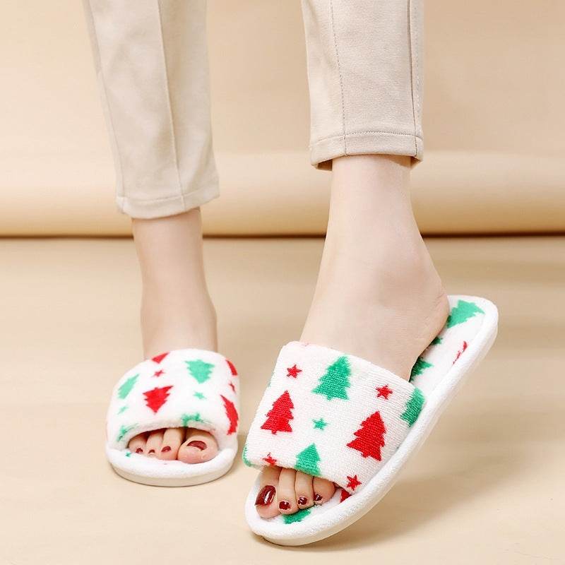 Christmas Tree Home Slippers Fashion Floor Bedroom Open-toe Plush Slippers For Women Fuzzy House Shoes - Mubimart
