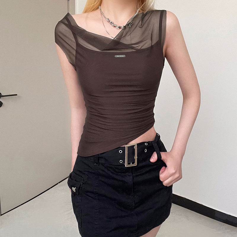 Mesh Spliced Irregular Strap Tank Top For Women - Mubimart