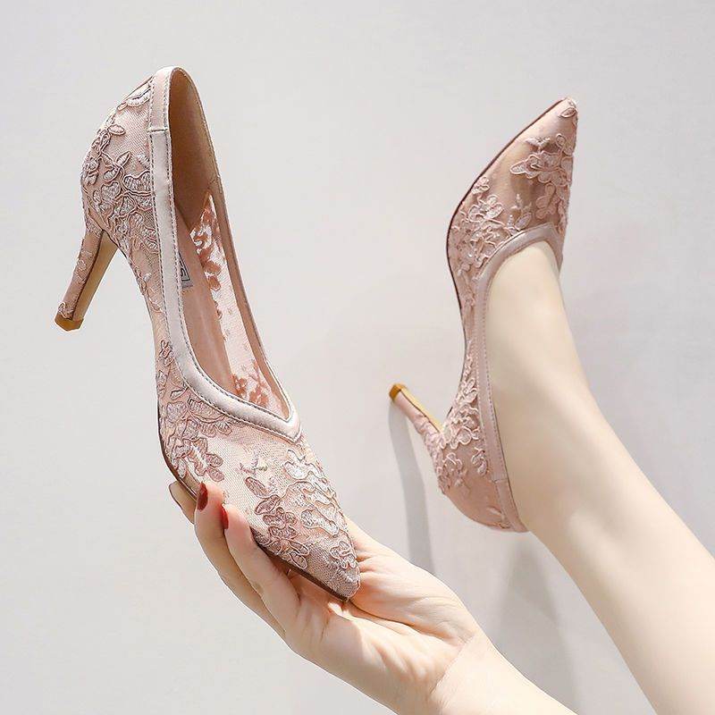 High Heels Mesh Breathable Sandals Female Pointed Stiletto Shallow Mouth Lace Bridesmaid Work Shoes - Mubimart