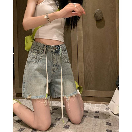 Washed Raw Edge High Waist Slim Wide Leg Denim Shorts Women - Mubimart