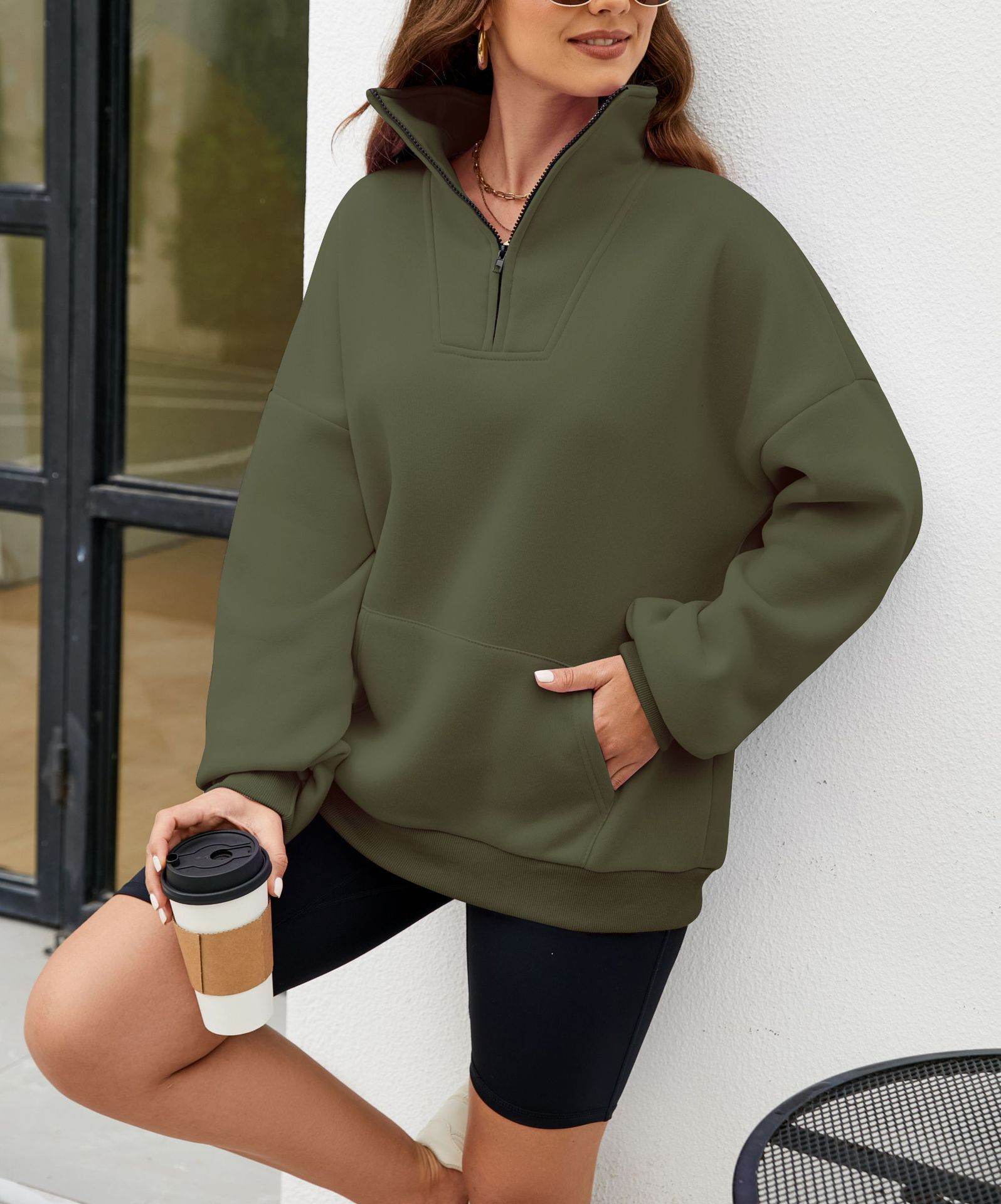 Y2K Solid Color Stand Collar With Pocket Zipper Sweatshirt Casual Sports Loose Top Women's Clothing - Mubimart