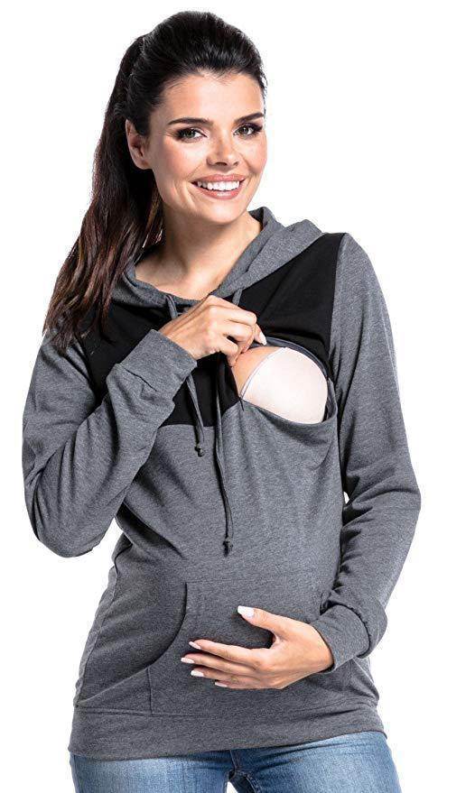 Hooded Colorblock Maternity Nursing Top Sweatshirt - Mubimart