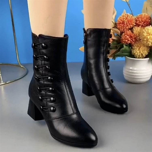 Soft Leather Ankle Boots Fashion Mid Heel Mid-calf High Heels - Mubimart