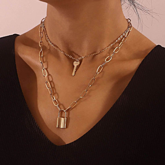 Chain Padlock Key Pendant Necklace Women - Mubimart