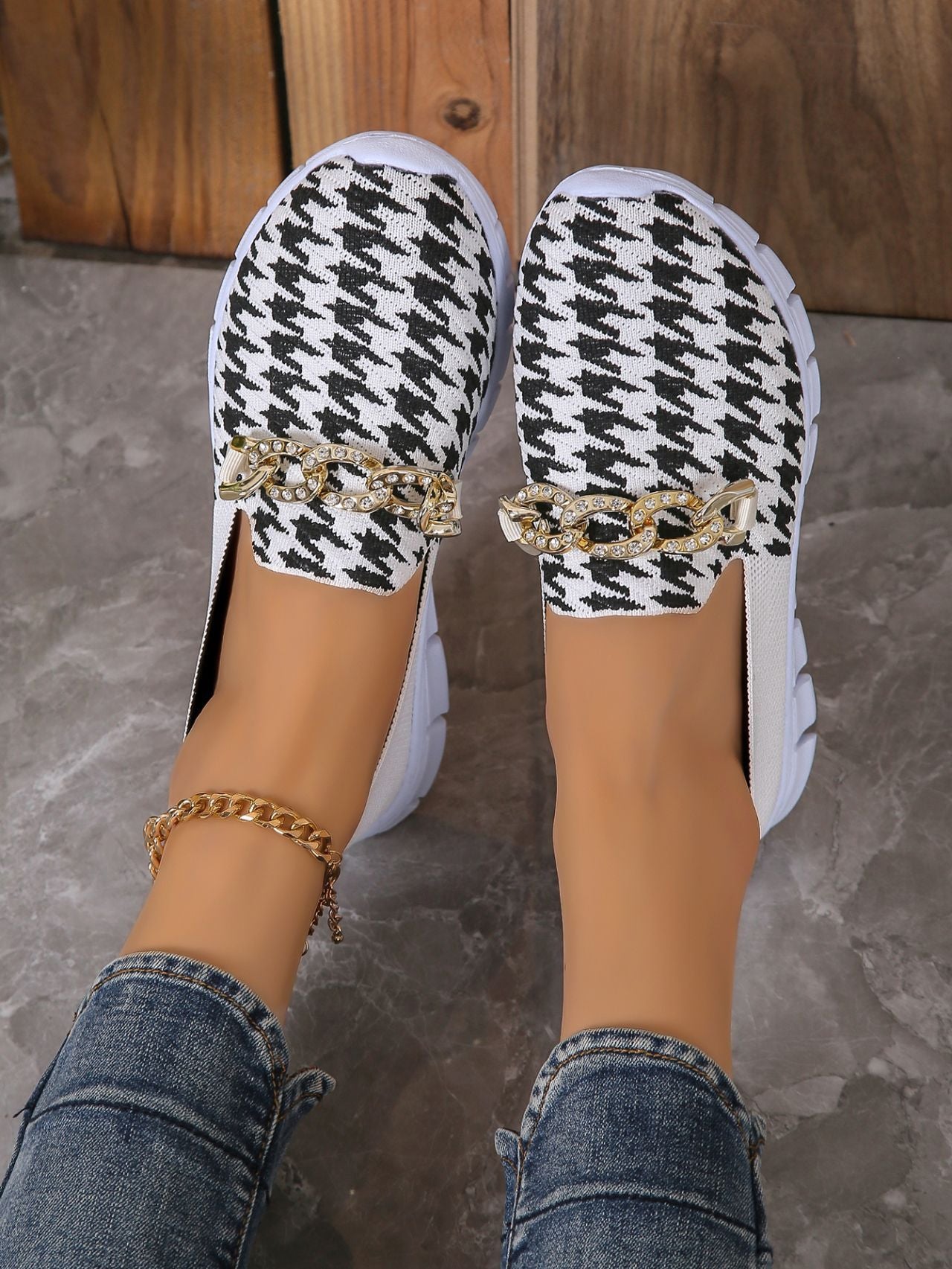 Lässige Houndstooth Print Kette Mesh Schuhe Sommer Walking Sport Flache Schuhe Frauen Atmungsaktive Slipper