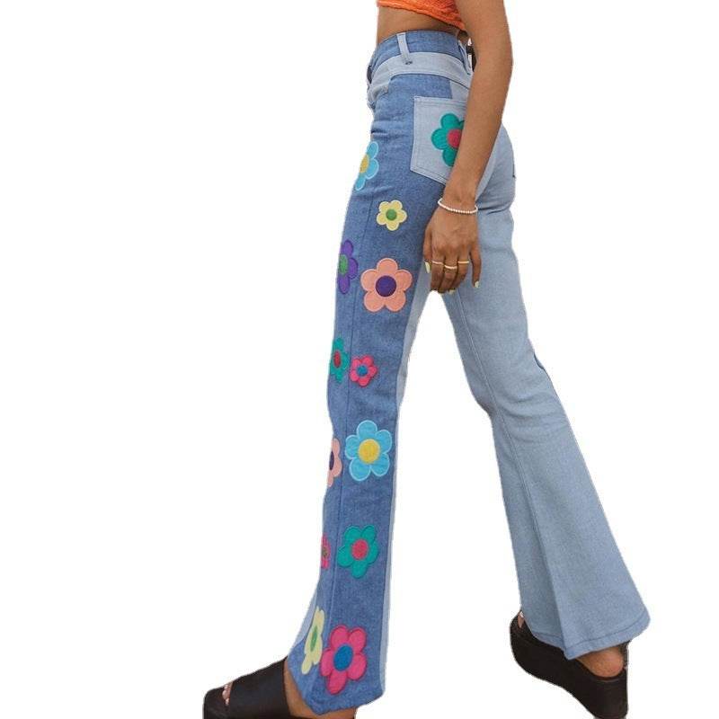 Women's Fashion Pattern Colorblock Bootcut Jeans - Mubimart