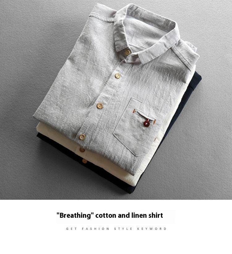Summer Men's Linen Cotton And Linen Shirt - Mubimart