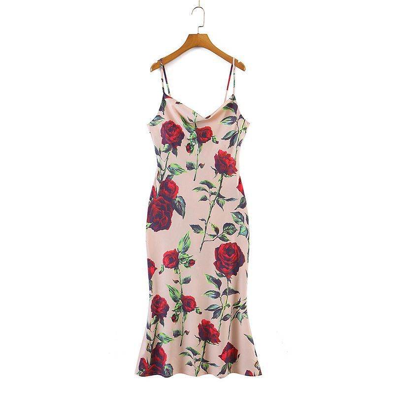 Printed Tulip Slant Collar Slip Dress - Mubimart