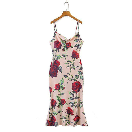 Printed Tulip Slant Collar Slip Dress - Mubimart