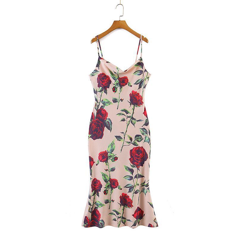 Printed Tulip Slant Collar Slip Dress - Mubimart -  