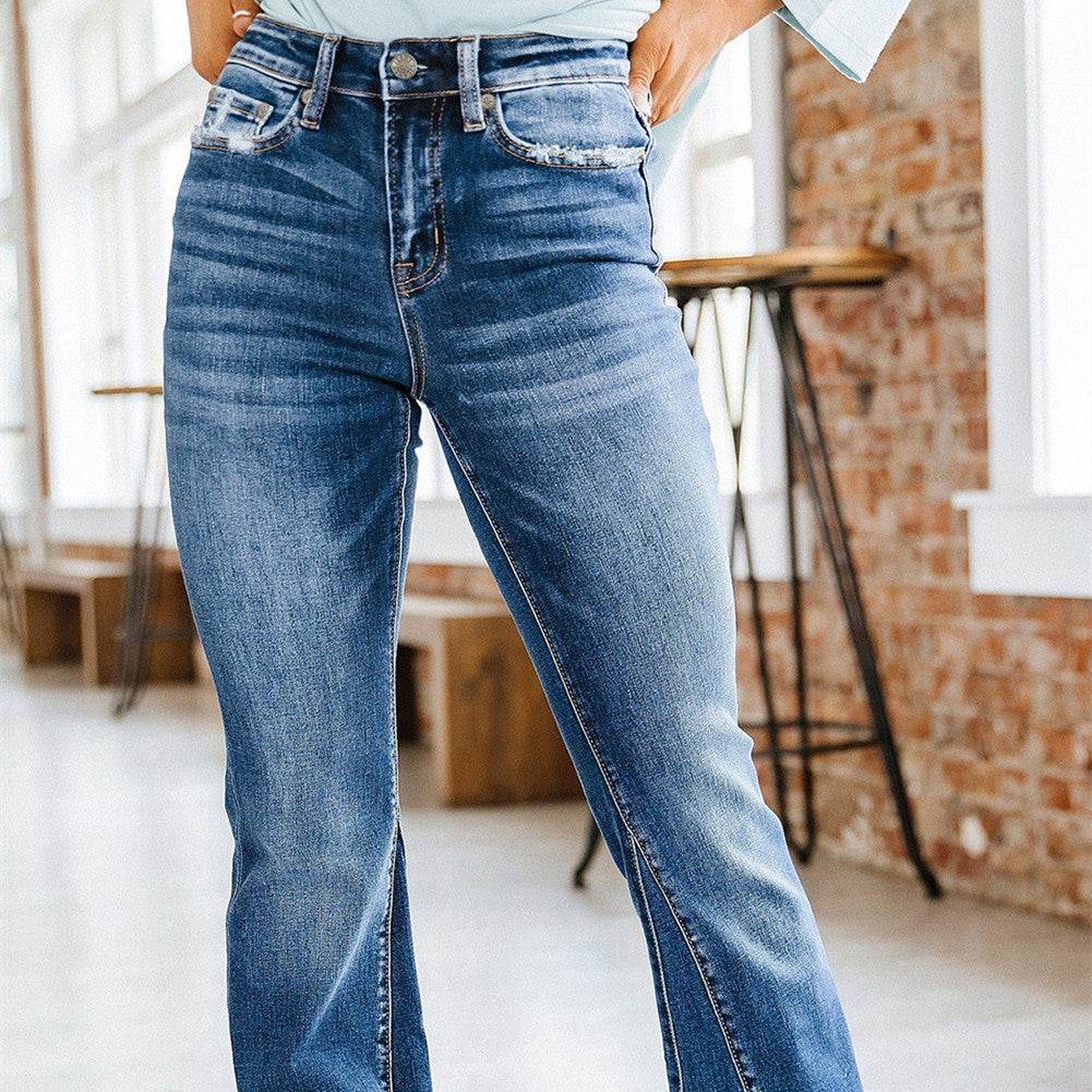 Washed High Waist Jeans Paneled Women's Flare - Mubimart