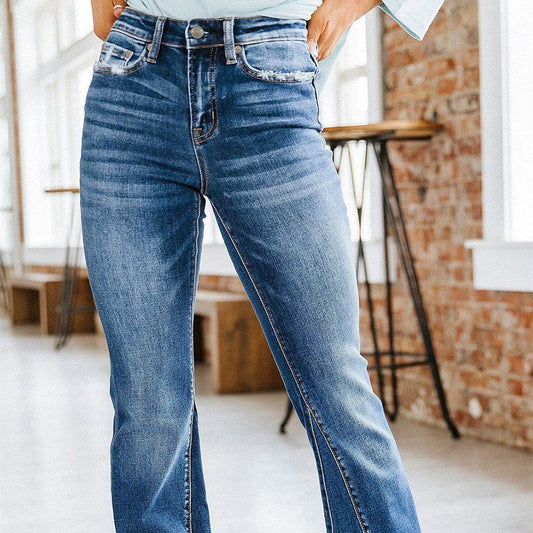 Washed High Waist Jeans Paneled Women's Flare - Mubimart